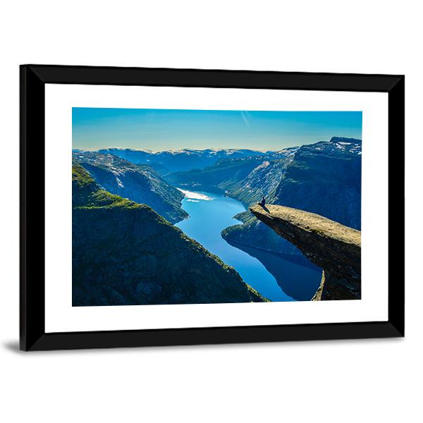 View Of Fjord In Oslo Person On Mountain Cliff Canvas Wall Art-3 Horizontal-Gallery Wrap-25" x 16"-Tiaracle