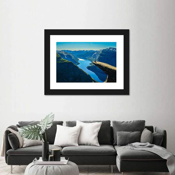 View Of Fjord In Oslo Person On Mountain Cliff Canvas Wall Art-3 Horizontal-Gallery Wrap-25" x 16"-Tiaracle