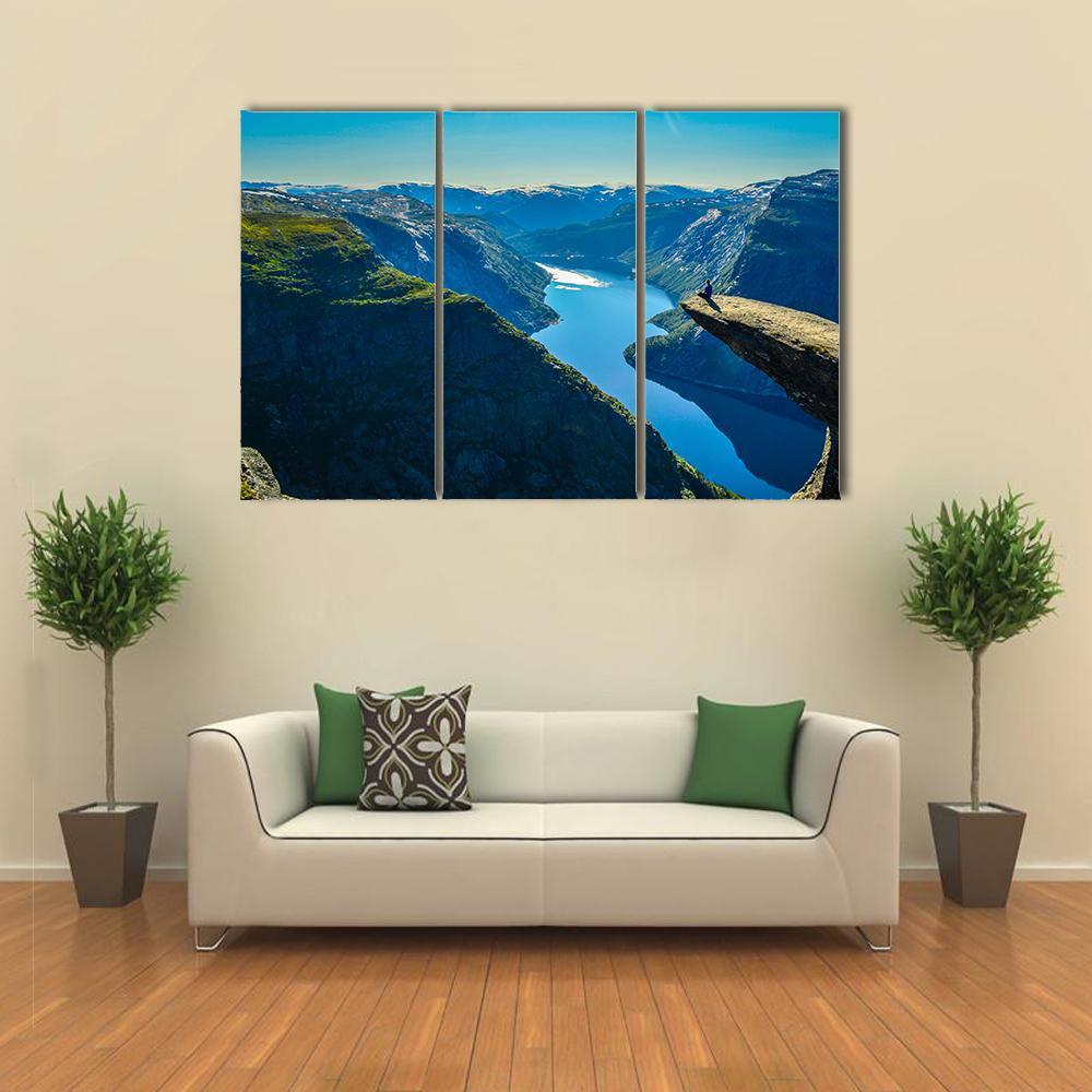 View Of Fjord In Oslo Person On Mountain Cliff Canvas Wall Art-3 Horizontal-Gallery Wrap-37" x 24"-Tiaracle