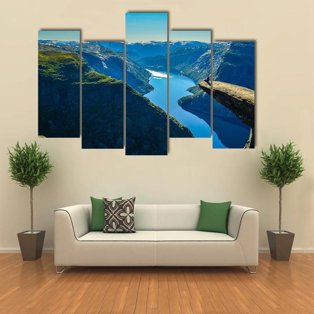 View Of Fjord In Oslo Person On Mountain Cliff Canvas Wall Art-5 Pop-Gallery Wrap-47" x 32"-Tiaracle