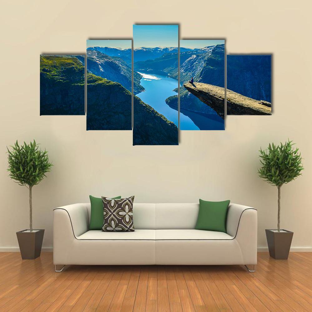 View Of Fjord In Oslo Person On Mountain Cliff Canvas Wall Art-5 Star-Gallery Wrap-62" x 32"-Tiaracle