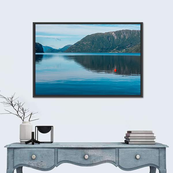 View Of Fjord With Mountains And Lake Canvas Wall Art-1 Piece-Floating Frame-24" x 16"-Tiaracle