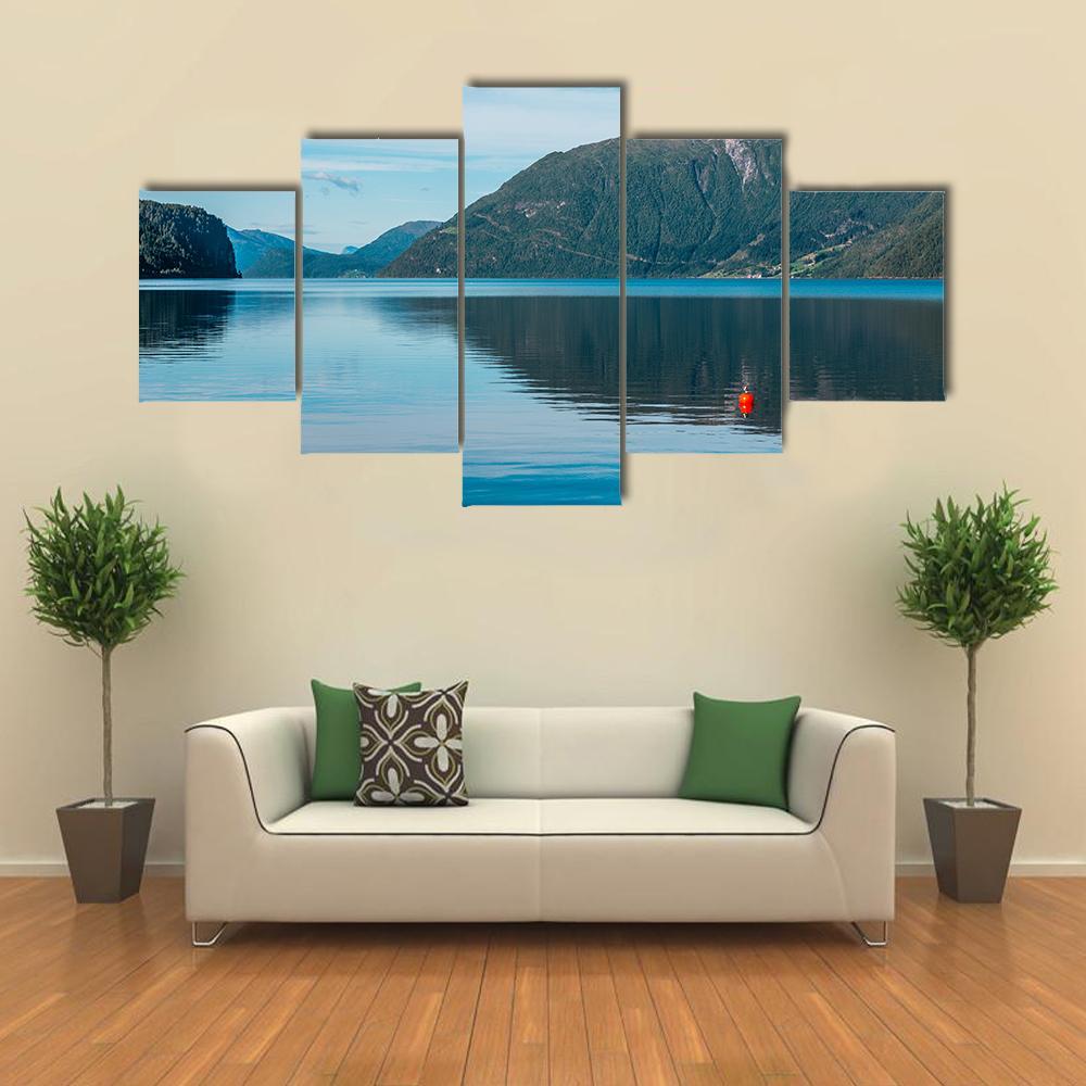 View Of Fjord With Mountains And Lake Canvas Wall Art-5 Star-Gallery Wrap-62" x 32"-Tiaracle