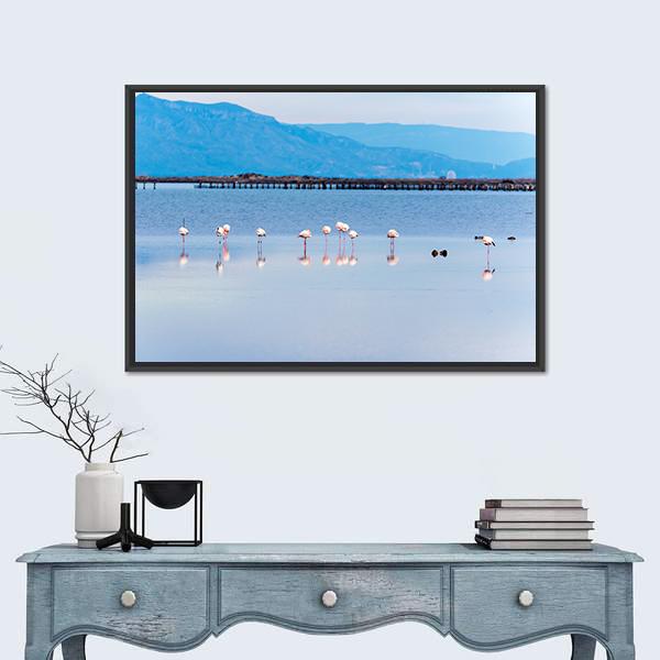 View Of Flamingo Group In Water Canvas Wall Art-1 Piece-Floating Frame-24" x 16"-Tiaracle