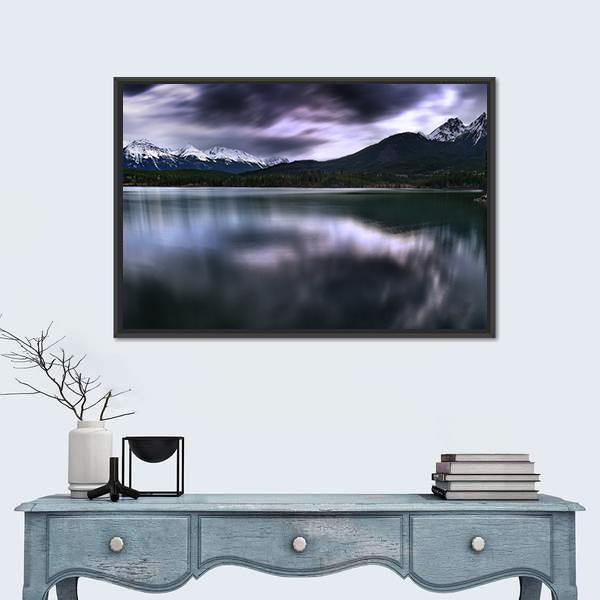 View Of Forest And Mountain With Lake Canvas Wall Art-1 Piece-Floating Frame-24" x 16"-Tiaracle