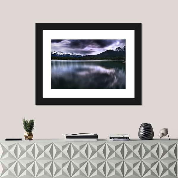 View Of Forest And Mountain With Lake Canvas Wall Art-1 Piece-Framed Print-20" x 16"-Tiaracle