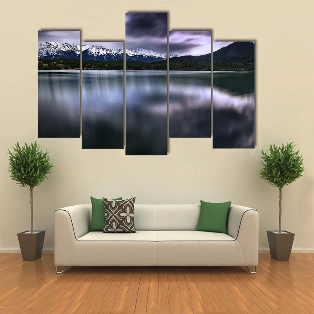 View Of Forest And Mountain With Lake Canvas Wall Art-5 Pop-Gallery Wrap-47" x 32"-Tiaracle