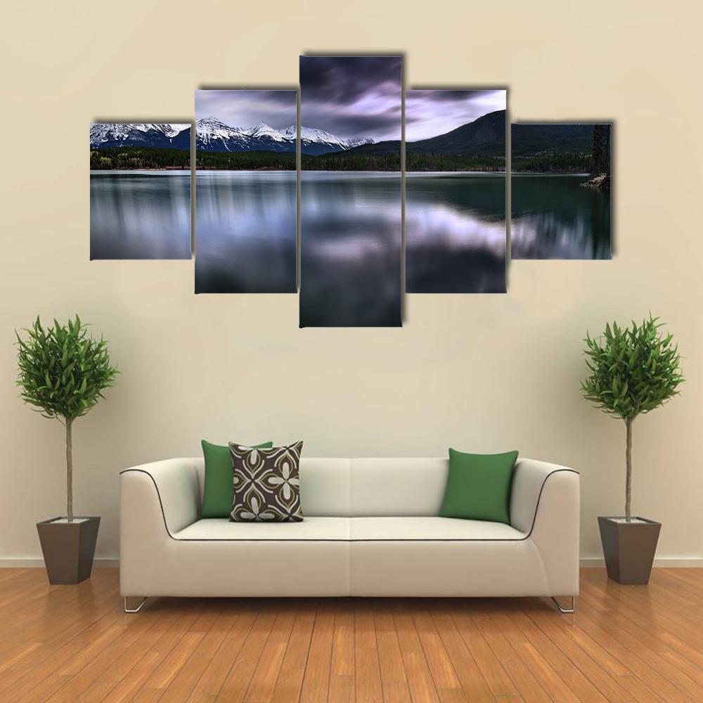 View Of Forest And Mountain With Lake Canvas Wall Art-5 Star-Gallery Wrap-62" x 32"-Tiaracle