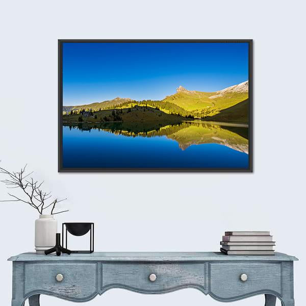 View Of Forest And mountains With Lake Canvas Wall Art-1 Piece-Floating Frame-24" x 16"-Tiaracle