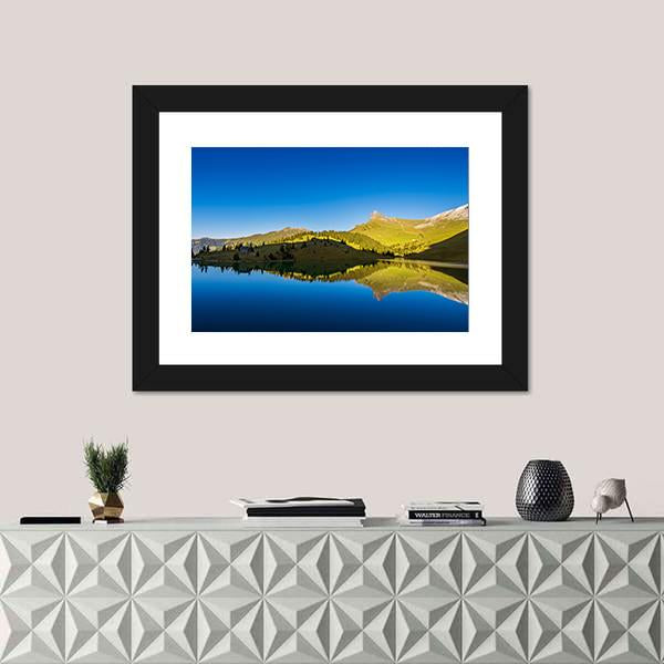 View Of Forest And mountains With Lake Canvas Wall Art-1 Piece-Framed Print-20" x 16"-Tiaracle