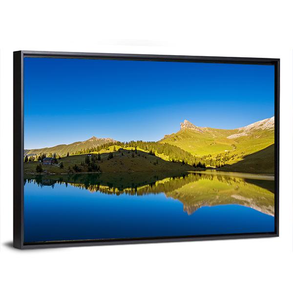 View Of Forest And mountains With Lake Canvas Wall Art-3 Horizontal-Gallery Wrap-25" x 16"-Tiaracle