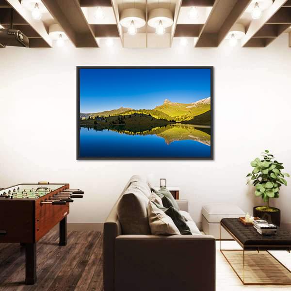 View Of Forest And mountains With Lake Canvas Wall Art-3 Horizontal-Gallery Wrap-25" x 16"-Tiaracle