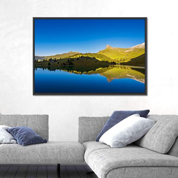 View Of Forest And mountains With Lake Canvas Wall Art-3 Horizontal-Gallery Wrap-25" x 16"-Tiaracle