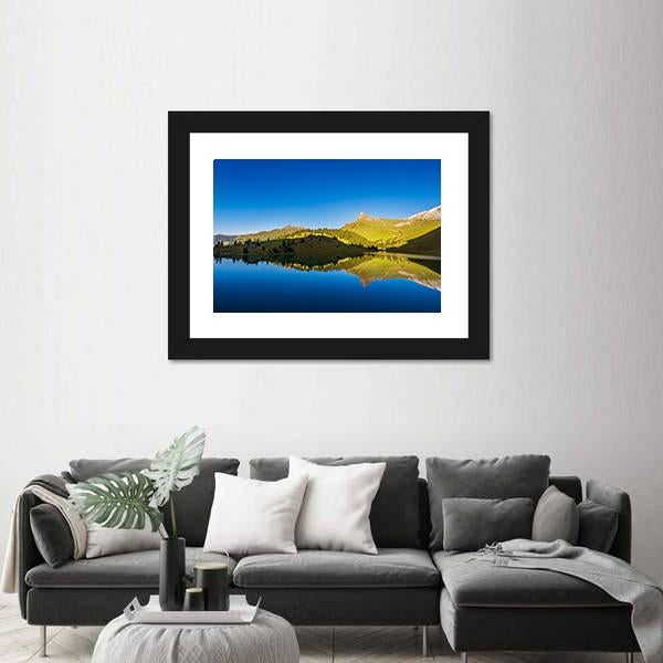 View Of Forest And mountains With Lake Canvas Wall Art-3 Horizontal-Gallery Wrap-25" x 16"-Tiaracle