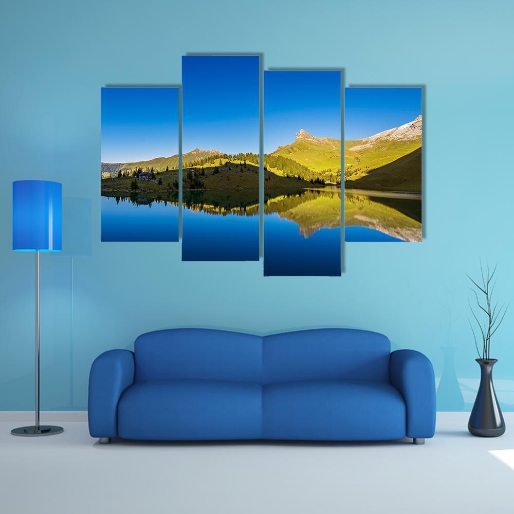 View Of Forest And mountains With Lake Canvas Wall Art-4 Pop-Gallery Wrap-50" x 32"-Tiaracle