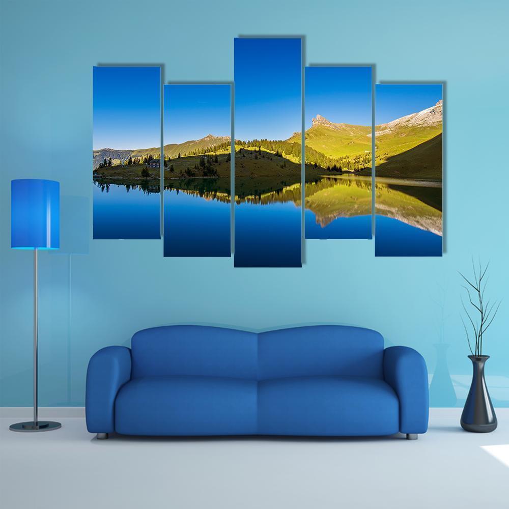 View Of Forest And mountains With Lake Canvas Wall Art-5 Pop-Gallery Wrap-47" x 32"-Tiaracle