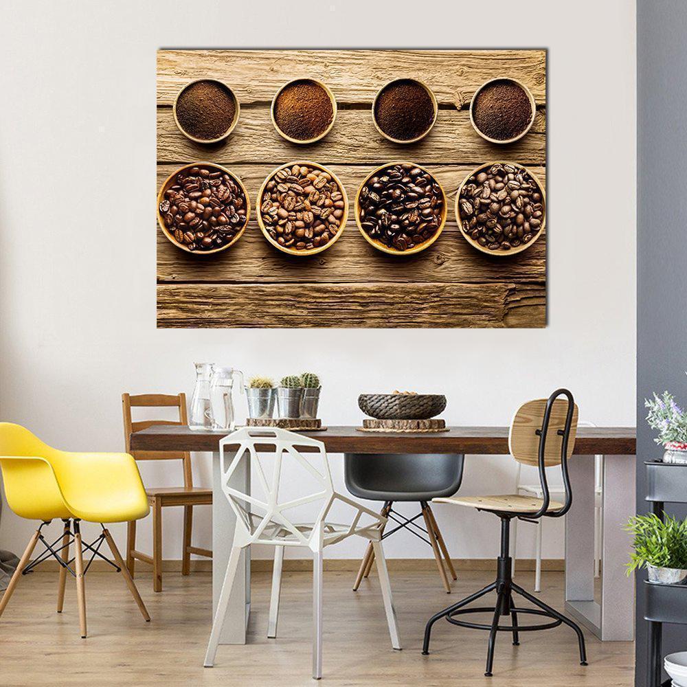 Coffee Beans and Ground Coffee Canvas Wall Art in beige and brown, single panel hung on a wall