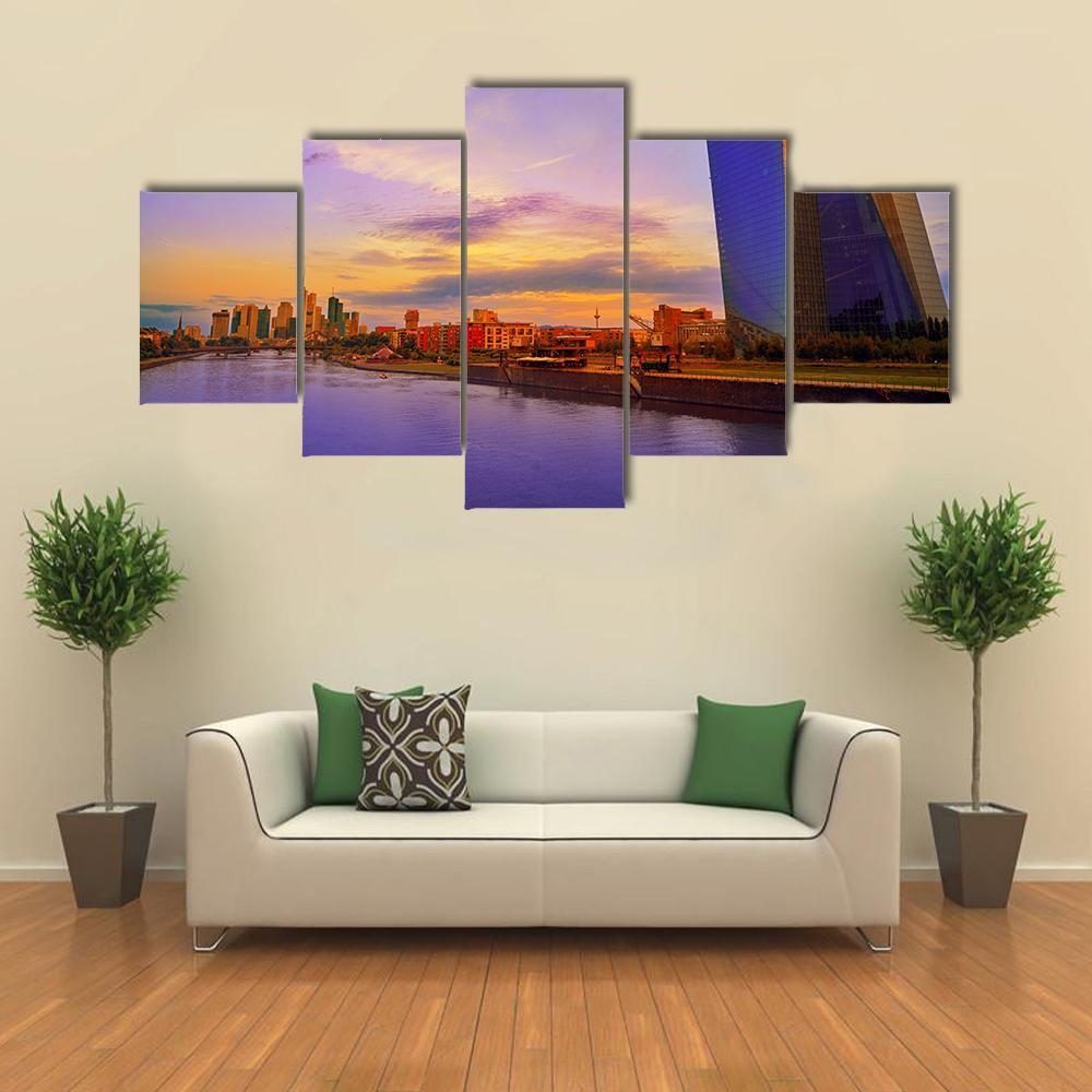 View Of Frankfurt Skyline With Meno River Canvas Wall Art-5 Star-Gallery Wrap-62" x 32"-Tiaracle
