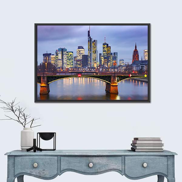 View Of Frankfurt With Reflection In River Canvas Wall Art-1 Piece-Floating Frame-24" x 16"-Tiaracle