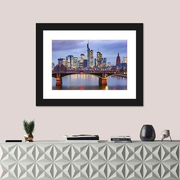 View Of Frankfurt With Reflection In River Canvas Wall Art-1 Piece-Framed Print-20" x 16"-Tiaracle