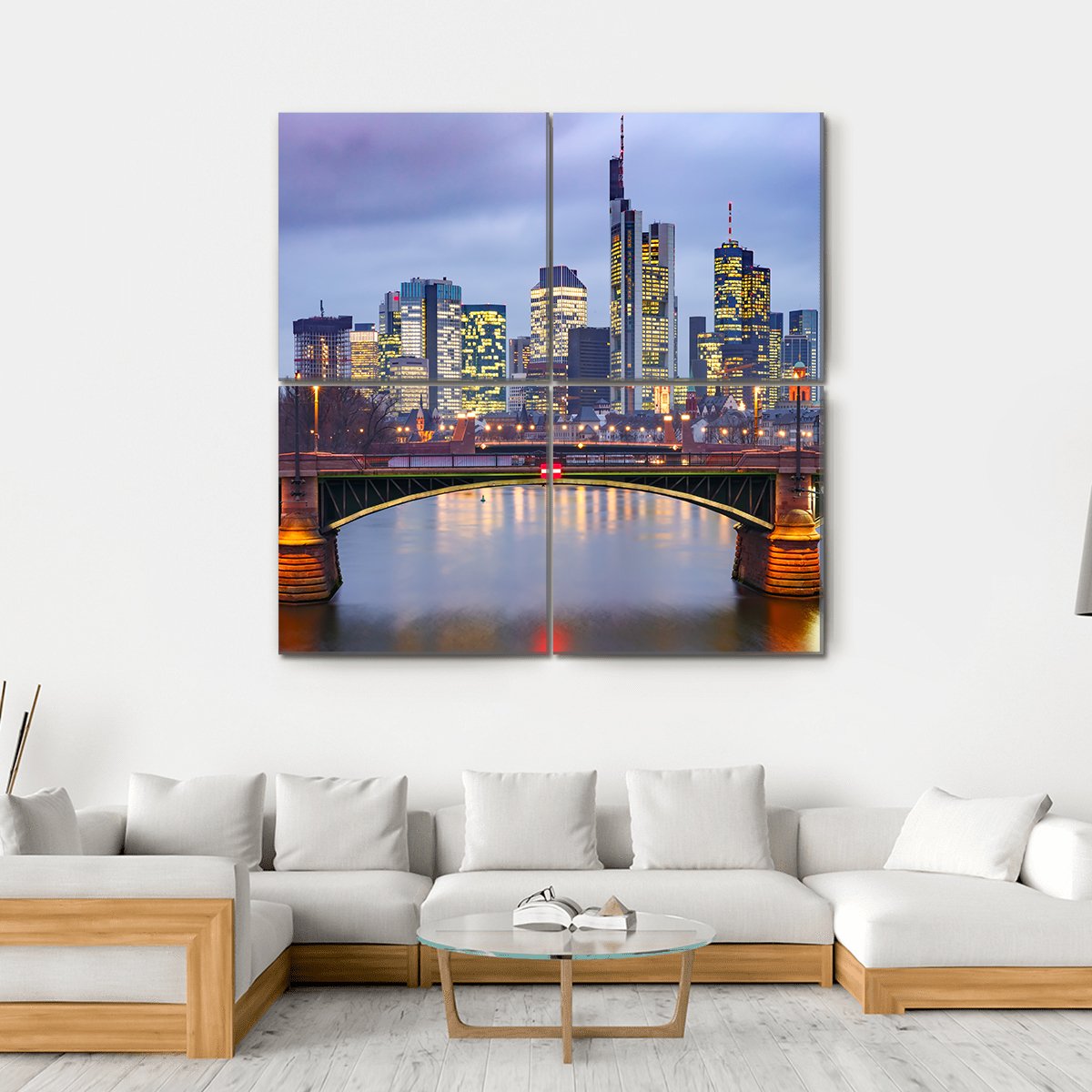 View Of Frankfurt With Reflection In River Canvas Wall Art-4 Square-Gallery Wrap-17" x 17"-Tiaracle