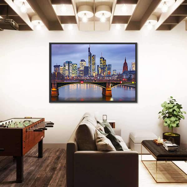 View Of Frankfurt With Reflection In River Canvas Wall Art-3 Horizontal-Gallery Wrap-25" x 16"-Tiaracle