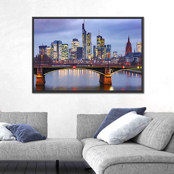 View Of Frankfurt With Reflection In River Canvas Wall Art-3 Horizontal-Gallery Wrap-25" x 16"-Tiaracle