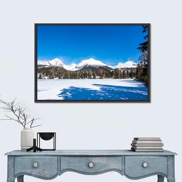 View Of Frozen Lake With Mountains Canvas Wall Art-1 Piece-Floating Frame-24" x 16"-Tiaracle