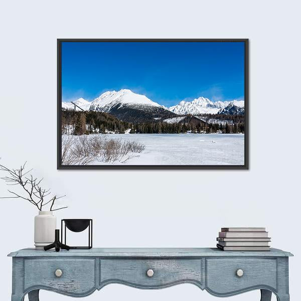 View of Frozen Lake With Mountains Canvas Wall Art-1 Piece-Floating Frame-24" x 16"-Tiaracle