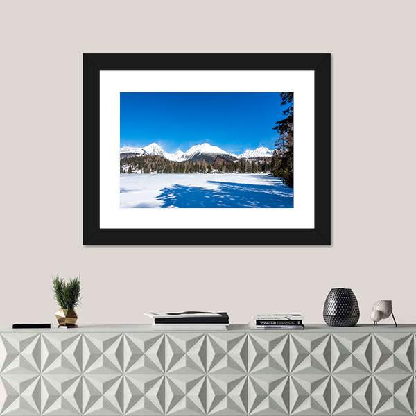 View Of Frozen Lake With Mountains Canvas Wall Art-1 Piece-Framed Print-20" x 16"-Tiaracle