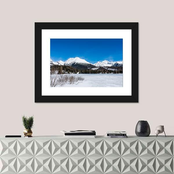 View of Frozen Lake With Mountains Canvas Wall Art-1 Piece-Framed Print-20" x 16"-Tiaracle