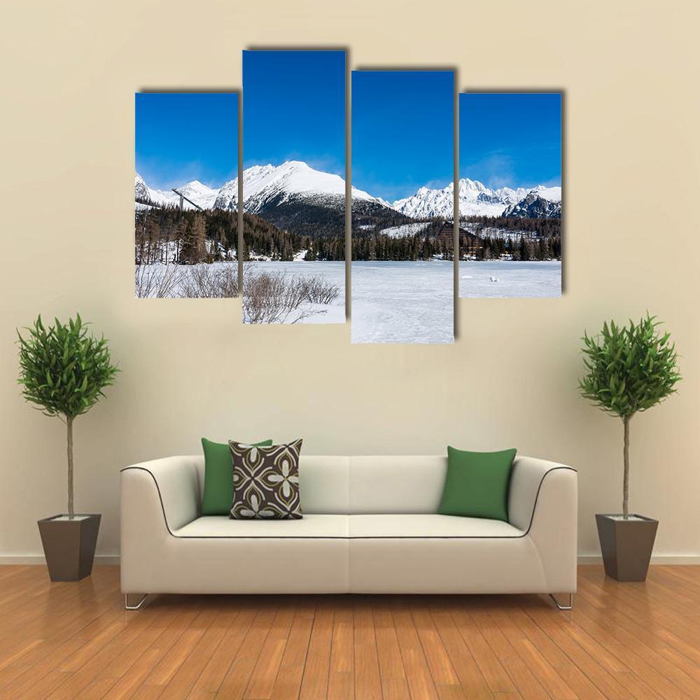 View of Frozen Lake With Mountains Canvas Wall Art-4 Pop-Gallery Wrap-50" x 32"-Tiaracle