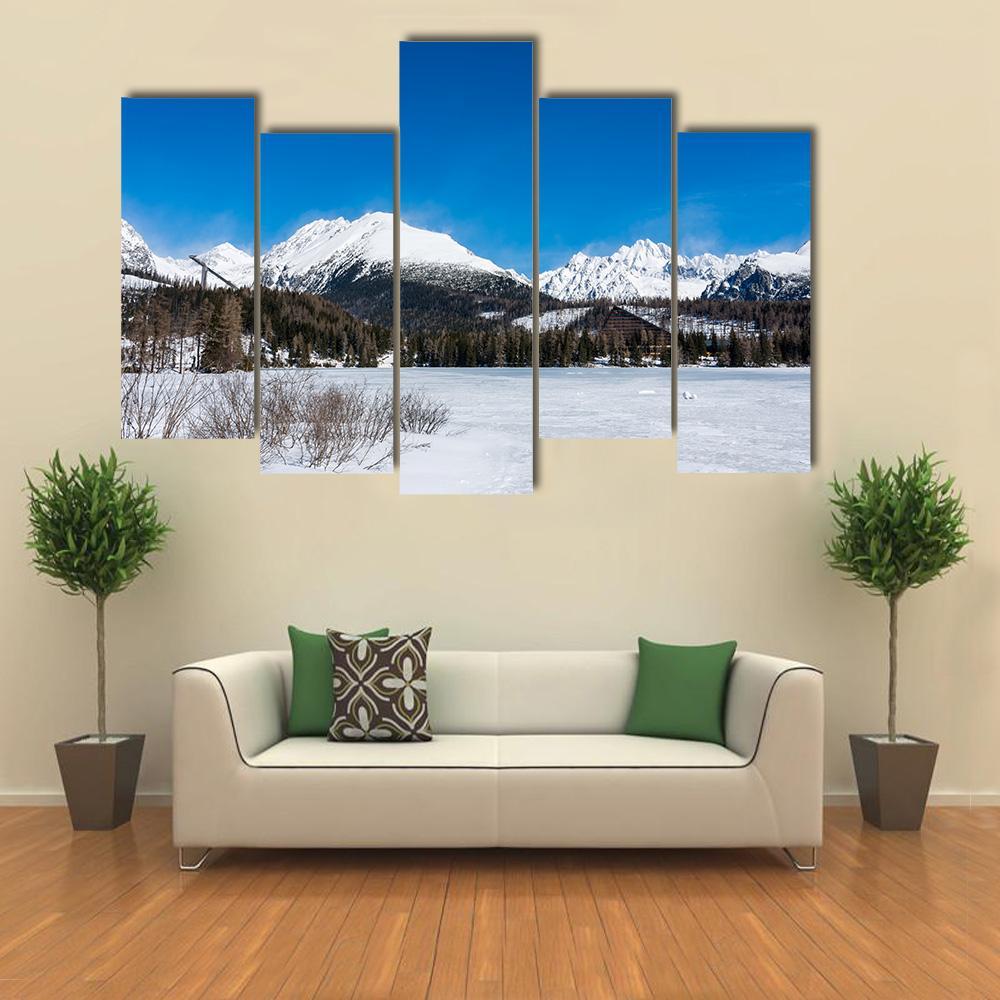 View of Frozen Lake With Mountains Canvas Wall Art-5 Pop-Gallery Wrap-47" x 32"-Tiaracle