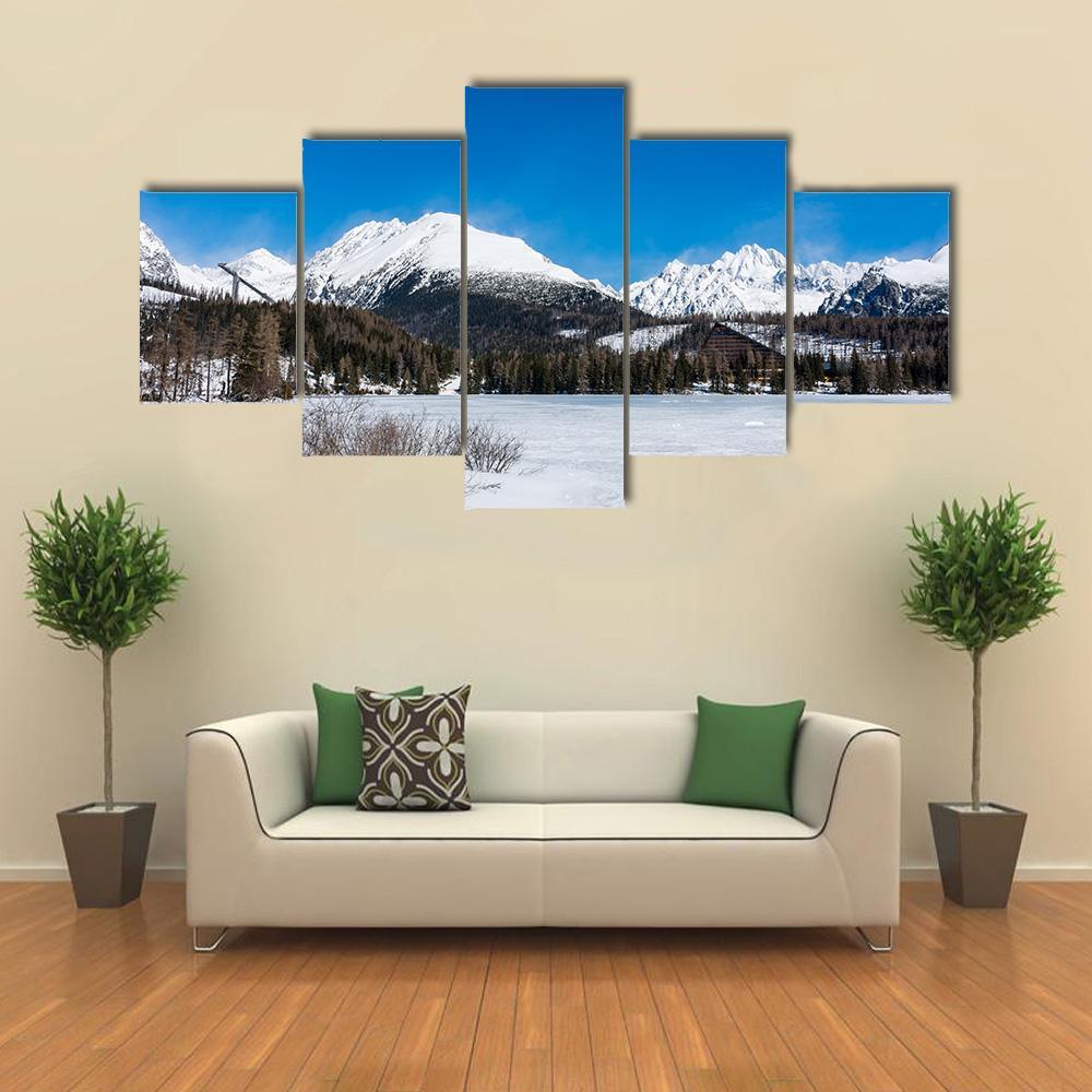View of Frozen Lake With Mountains Canvas Wall Art-5 Star-Gallery Wrap-62" x 32"-Tiaracle