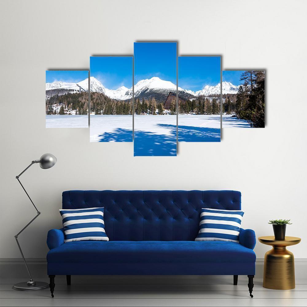 View Of Frozen Lake With Mountains Canvas Wall Art-5 Star-Gallery Wrap-62" x 32"-Tiaracle