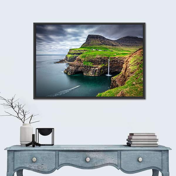 View Of Gasadalur Waterfall In Faroe Island Canvas Wall Art-1 Piece-Floating Frame-24" x 16"-Tiaracle
