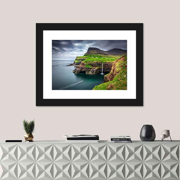 View Of Gasadalur Waterfall In Faroe Island Canvas Wall Art-1 Piece-Framed Print-20" x 16"-Tiaracle