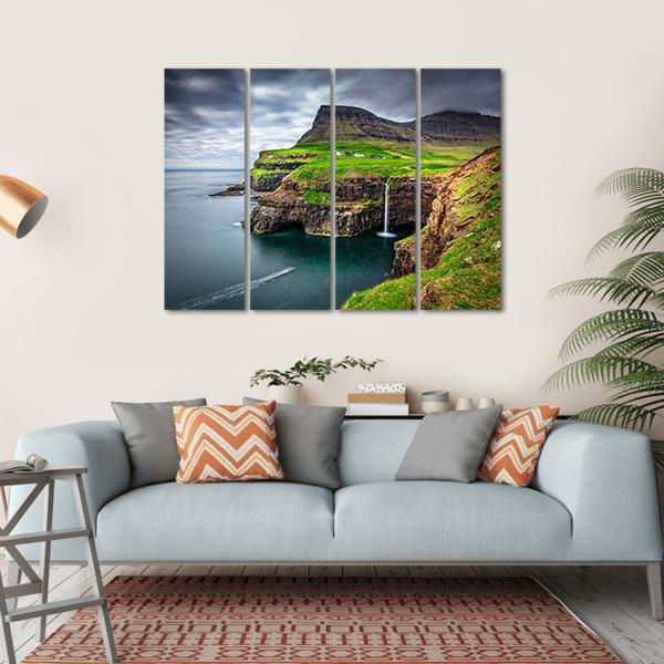 View Of Gasadalur Waterfall In Faroe Island Canvas Wall Art-4 Horizontal-Gallery Wrap-34" x 24"-Tiaracle