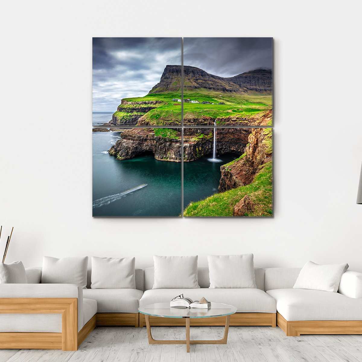 View Of Gasadalur Waterfall In Faroe Island Canvas Wall Art-4 Square-Gallery Wrap-17" x 17"-Tiaracle