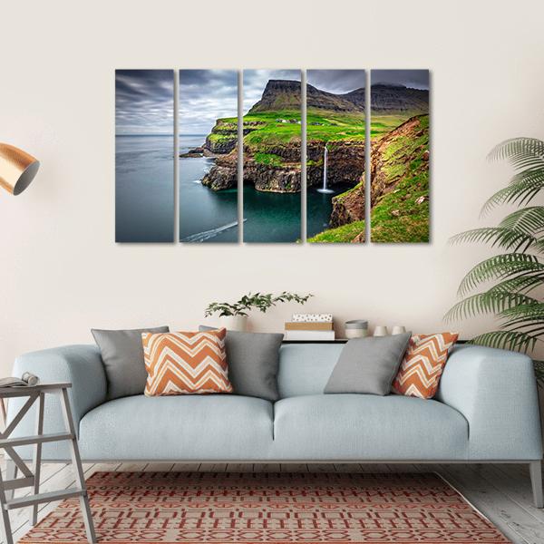 View Of Gasadalur Waterfall In Faroe Island Canvas Wall Art-5 Horizontal-Gallery Wrap-22" x 12"-Tiaracle