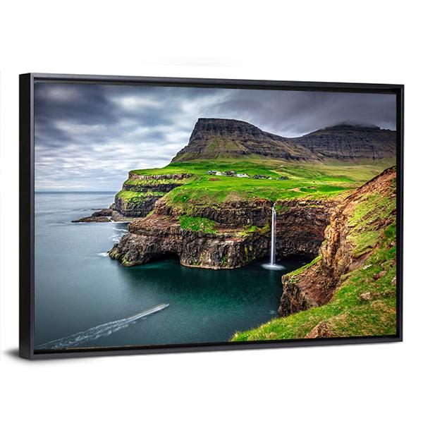 View Of Gasadalur Waterfall In Faroe Island Canvas Wall Art-3 Horizontal-Gallery Wrap-25" x 16"-Tiaracle