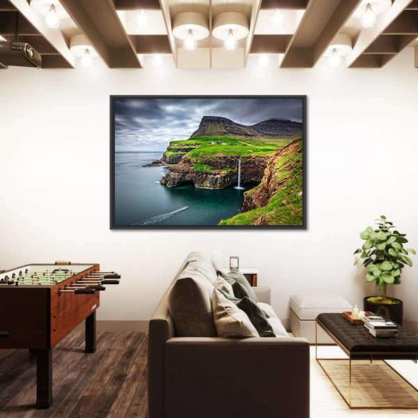 View Of Gasadalur Waterfall In Faroe Island Canvas Wall Art-3 Horizontal-Gallery Wrap-25" x 16"-Tiaracle