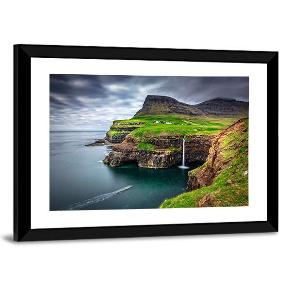 View Of Gasadalur Waterfall In Faroe Island Canvas Wall Art-3 Horizontal-Gallery Wrap-25" x 16"-Tiaracle