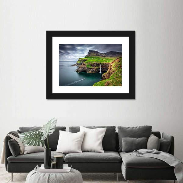 View Of Gasadalur Waterfall In Faroe Island Canvas Wall Art-3 Horizontal-Gallery Wrap-25" x 16"-Tiaracle