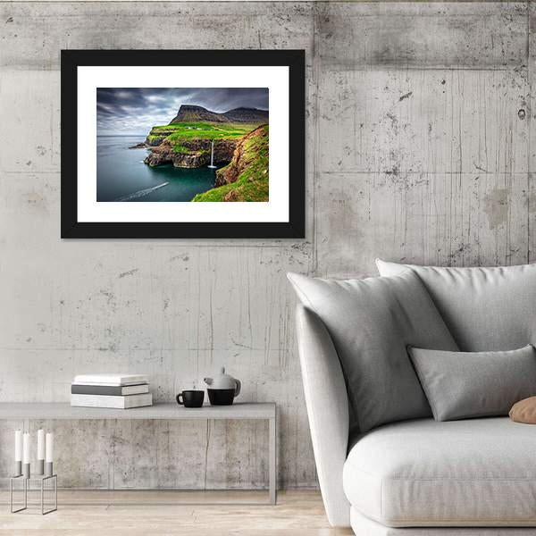 View Of Gasadalur Waterfall In Faroe Island Canvas Wall Art-3 Horizontal-Gallery Wrap-25" x 16"-Tiaracle