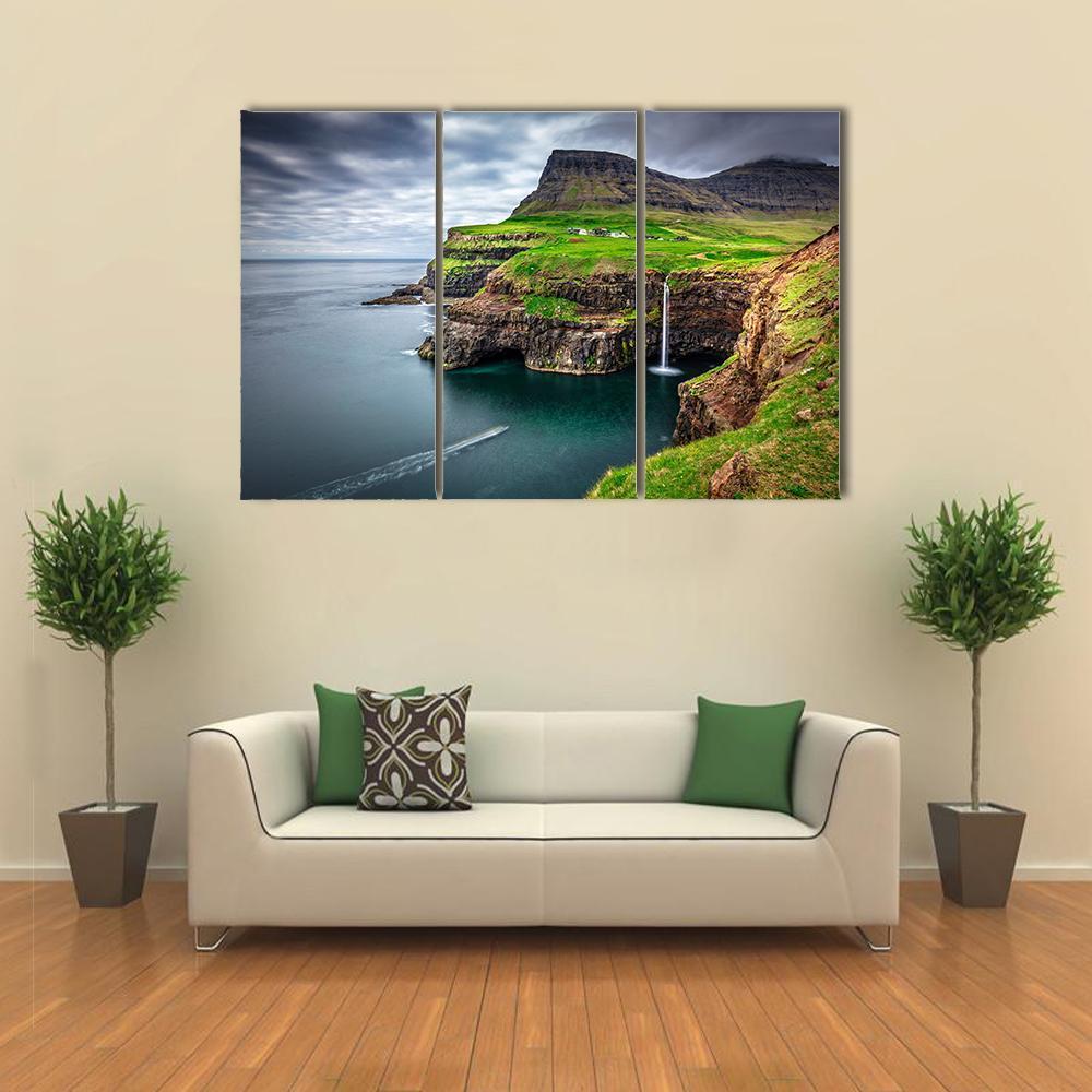 View Of Gasadalur Waterfall In Faroe Island Canvas Wall Art-3 Horizontal-Gallery Wrap-37" x 24"-Tiaracle