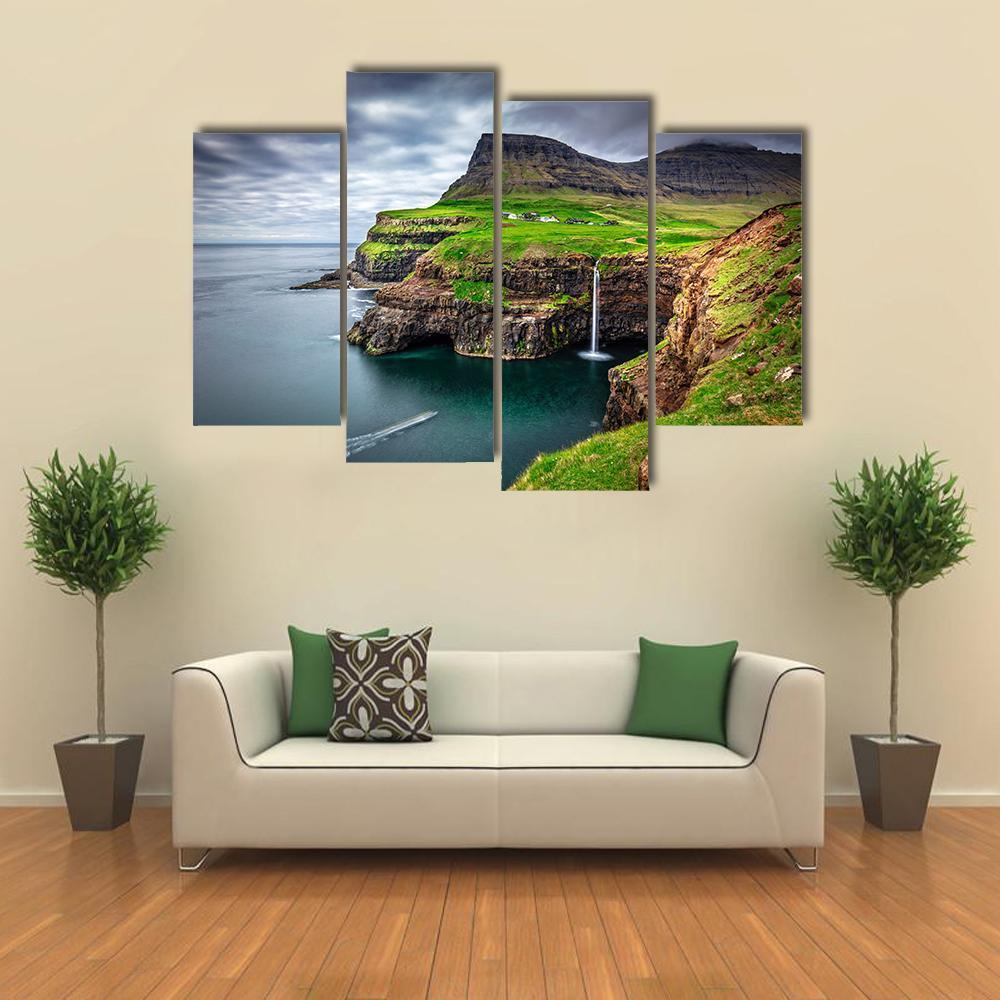 View Of Gasadalur Waterfall In Faroe Island Canvas Wall Art-4 Pop-Gallery Wrap-50" x 32"-Tiaracle