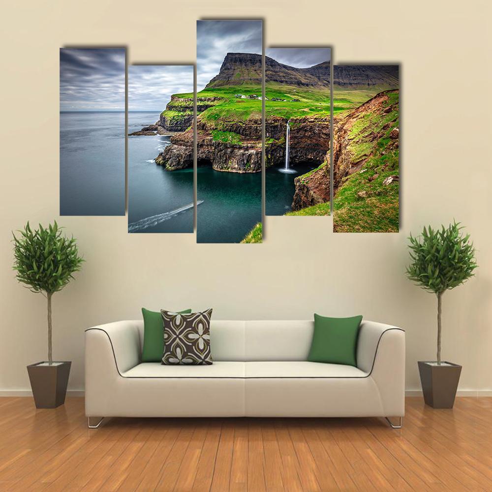 View Of Gasadalur Waterfall In Faroe Island Canvas Wall Art-5 Pop-Gallery Wrap-47" x 32"-Tiaracle