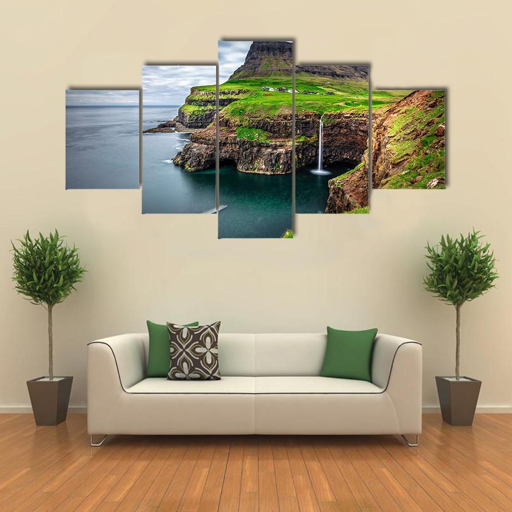 View Of Gasadalur Waterfall In Faroe Island Canvas Wall Art-5 Star-Gallery Wrap-62" x 32"-Tiaracle