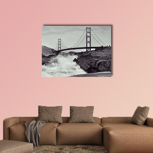 Golden Gate Bridge from the Beach Canvas Wall Art in black, white and gray, single panel hung on a wall